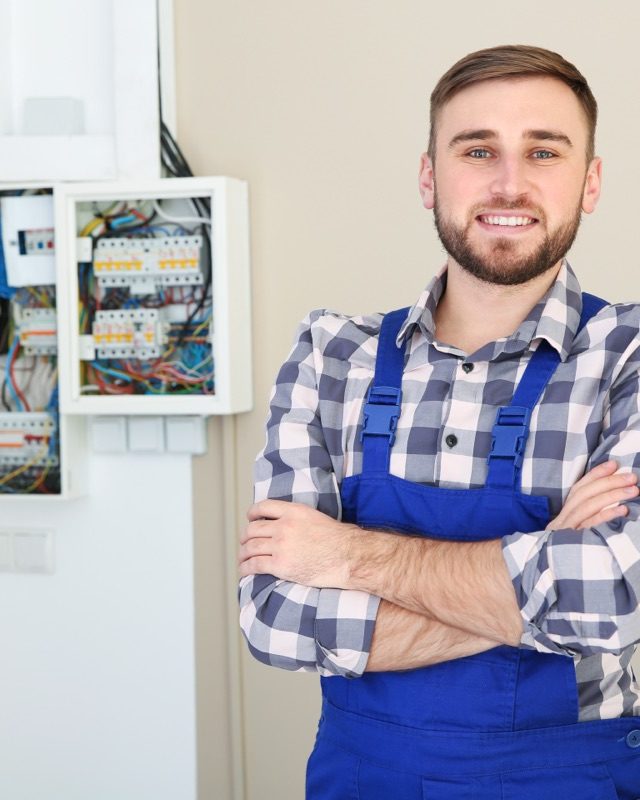 Male electrician standing near fuse board indoors